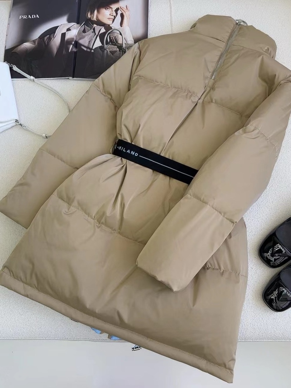 🤎 Prada Belted Long Beige Puffer Coat
